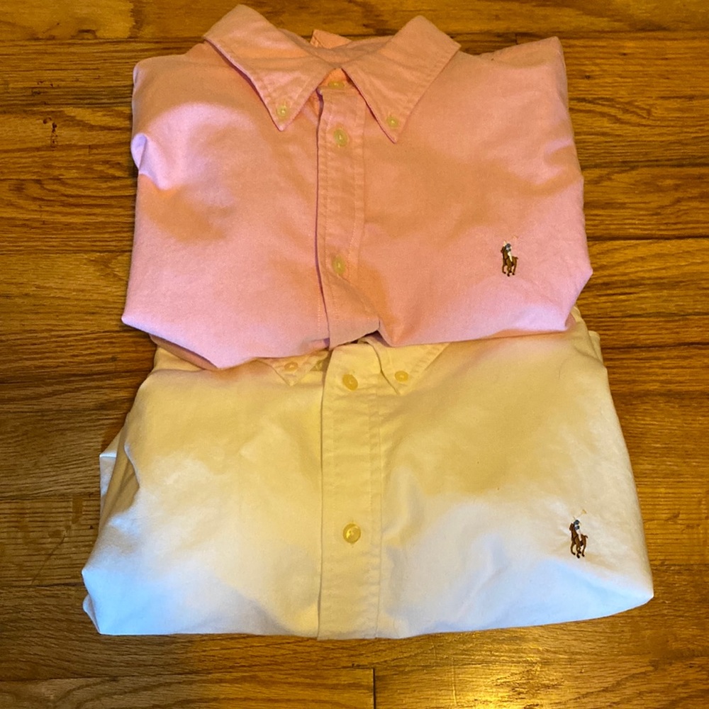 Two Vintage Ralph Lauren ladies 100% cotton shirts. Pink and white, XL